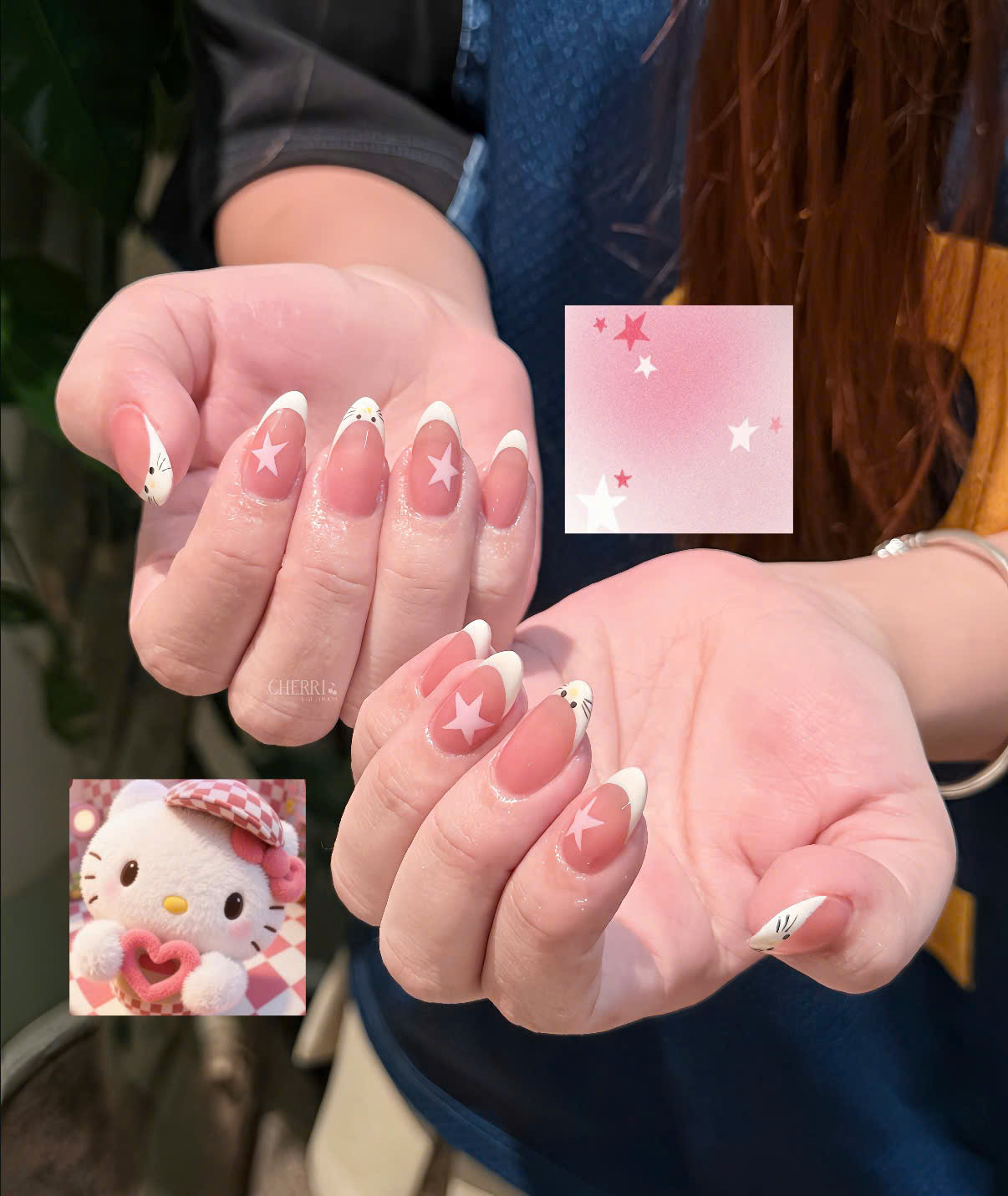Mẫu nail hồng ngôi sao và Hello Kitty tại Cherri Beauty Room